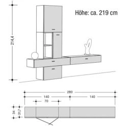 Now! No.14 By Hülsta Kombination 11 219x280x34 Lack-weiß/Lack-taubenblau/Lack-Hochglanz-weiß -Hülsta Möbel 980015 strichzeichnung 2