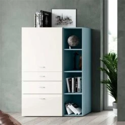 Now! No.14 By Hülsta Kombination 13 155x105x42 Lack-weiß/taubenblau/Hochglanz-weiß